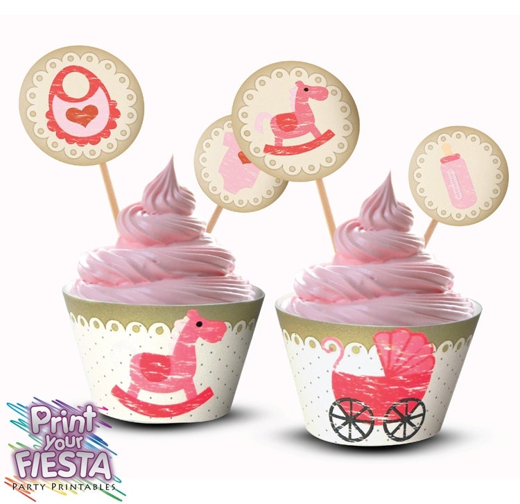 Print Your Fiesta digital party set - Shabby Pink Baby Shower Cupcake Kit - cupcake wrappers, circle toppers, Free shipping Il_570xn