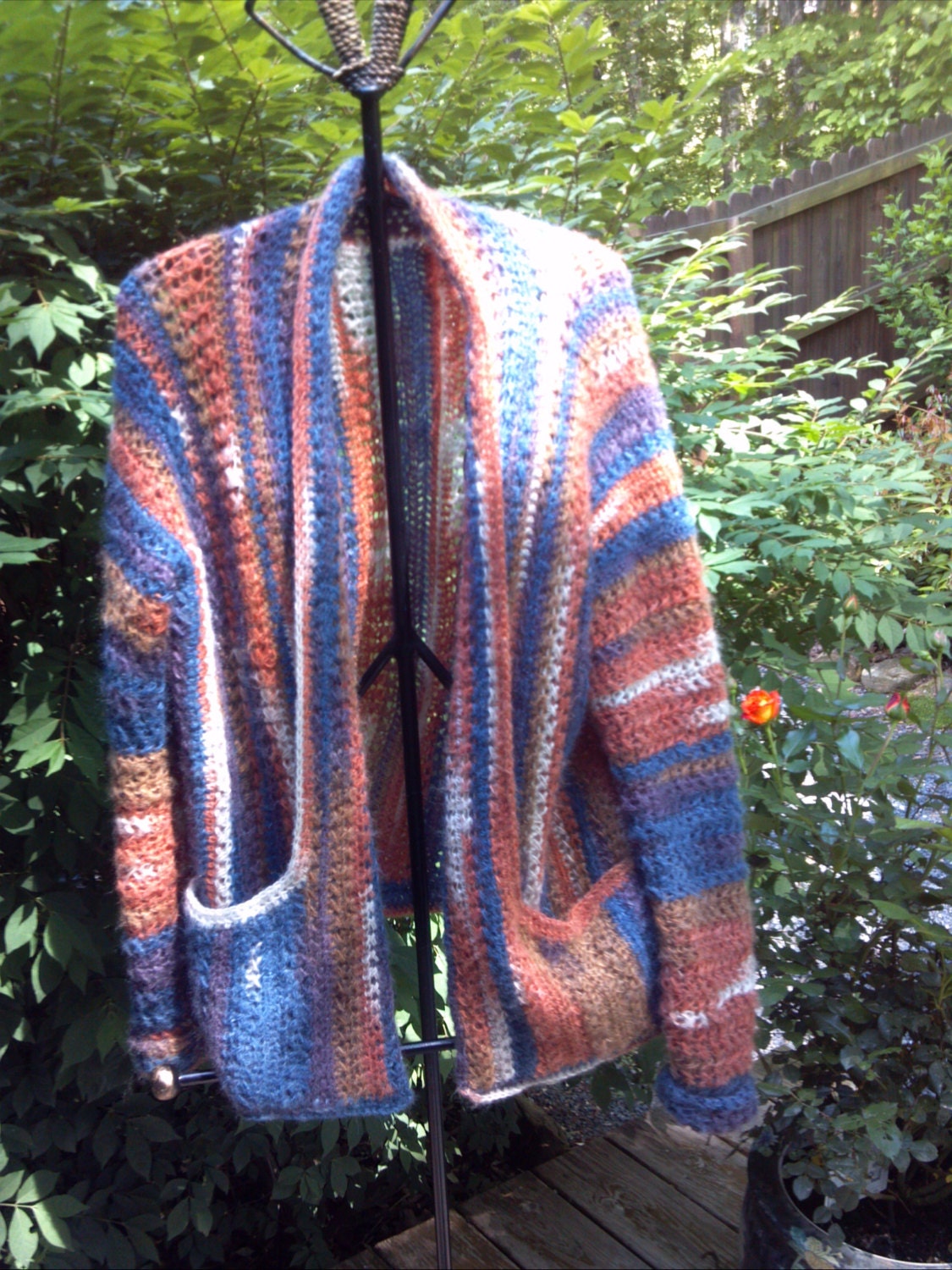 Varigated Crocheted MOHAIR Sweater Jacket, Shawl Collar, One size fits most, UNISEX, Hand made.