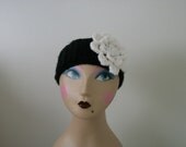 Black Crocheted Headband adorned with a white flower. Extra Thick  Great for Skiing or Winter or Spring Sports Women Teens
