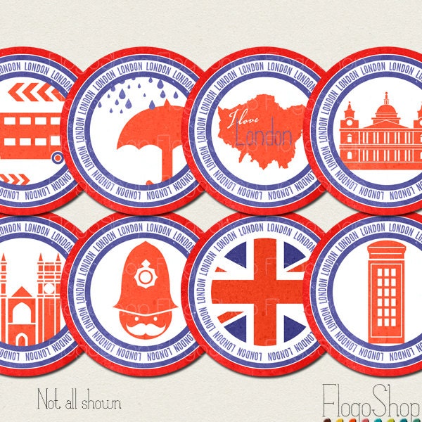 London Party Decorations Cupcake toppers Circles Stickers England UK Travel Favor Tags PRINTABLE Silhouettes Il_170x135