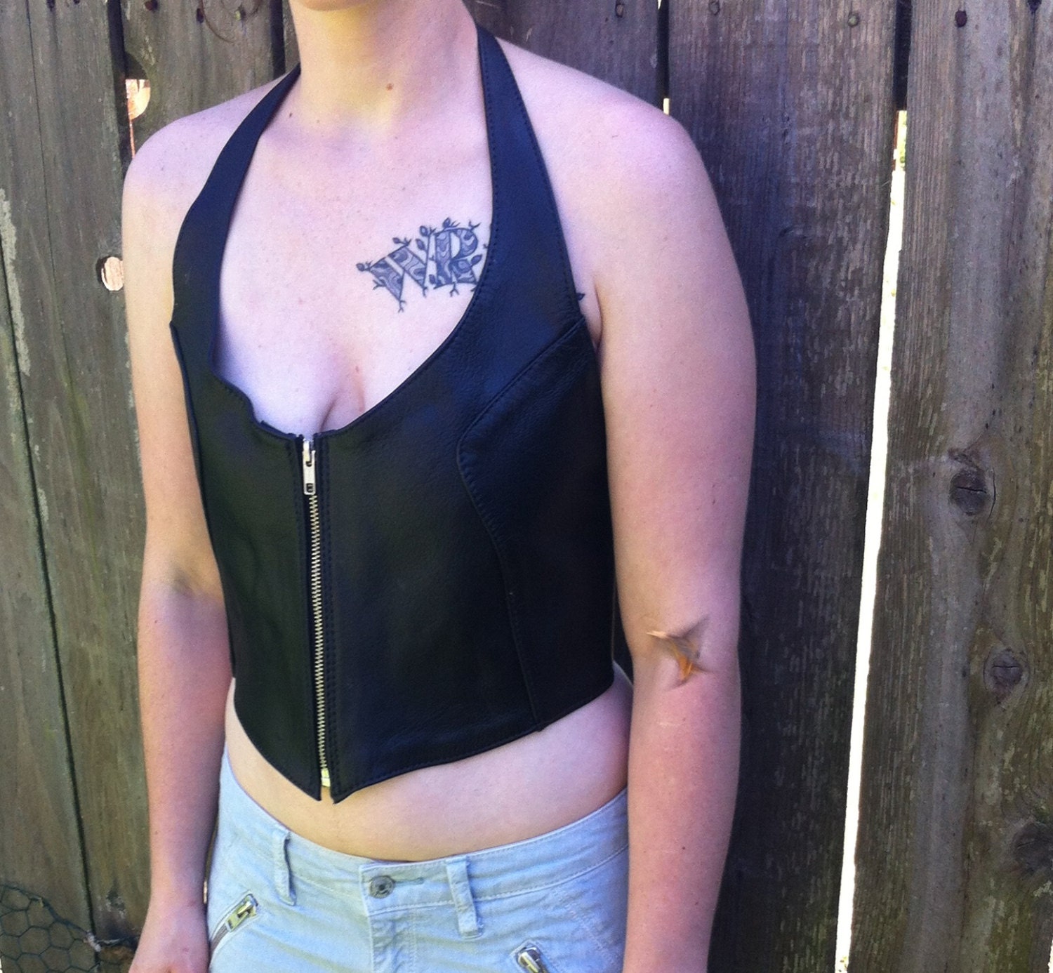 Genuine Black Goat Leather Halter Tank/Corset Top with Zipper Front