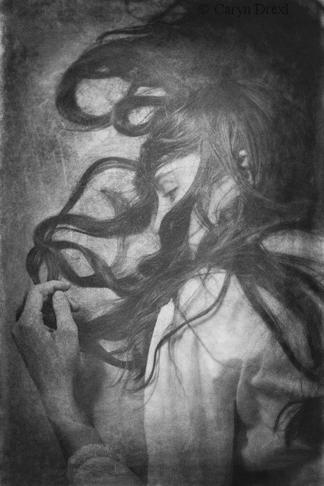 A Penciled In World - FREE SHIPPING Girl Hair Grainy Gray White Pencil Photo Art Portrait Vintage Soft Faded Surreal Creepy