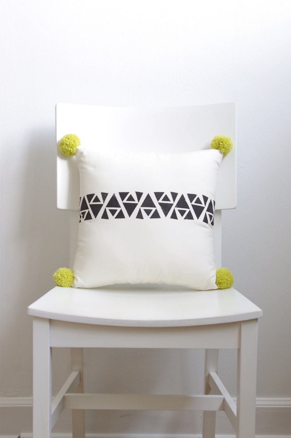 Hand Printed Geometric Pom Pom Decorative Pillow - The Frida Collection - Black, Cream and Bright Yellow