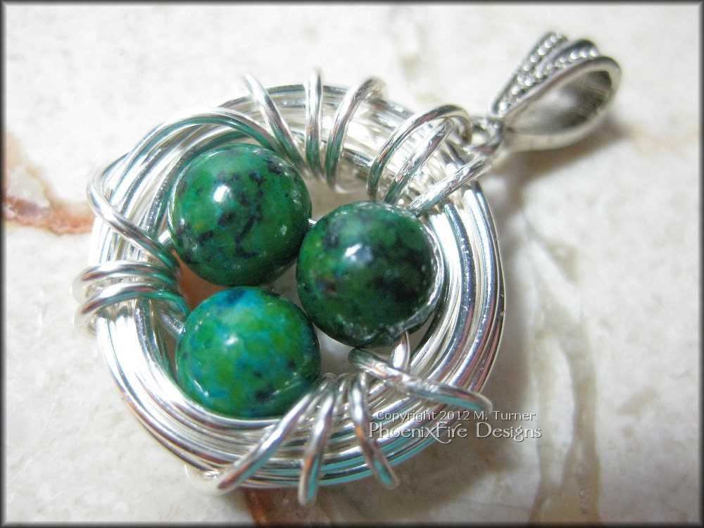 Bird Nest Pendant with Chrysocolla Eggs in Sterling Silver Wire Wrapped Motherhood