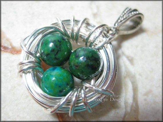 Bird Nest Pendant with Chrysocolla Eggs in Sterling Silver Wire Wrapped Motherhood