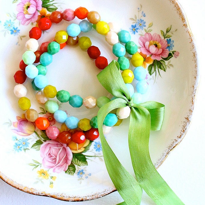 Painterly Chunky Bead Bracelet Set of  Three with Green Silk Ribbon