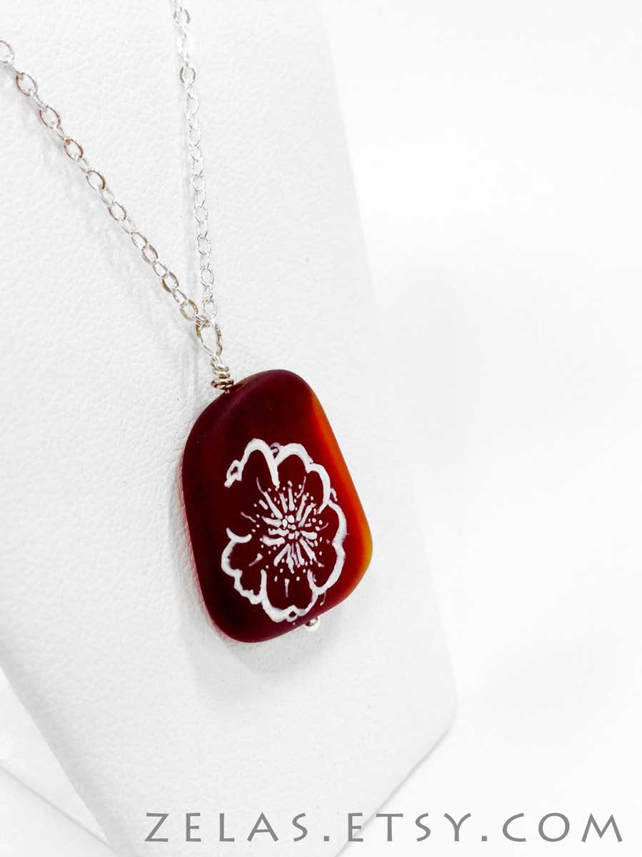 Blood Red Flower Sea Glass Necklace OOAK