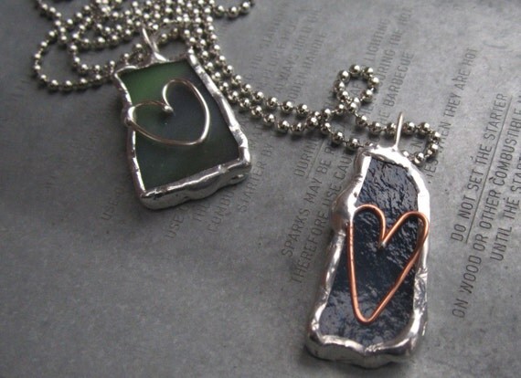 Blue Green Handmade Stained Glass and Heart Pendant Necklace