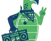 Green and Blue Turtle with Boombox Screenprint Art Print - Slow Jams Music Hand Printed Silkscreen Poster - Good for Kids Rooms & Nursery