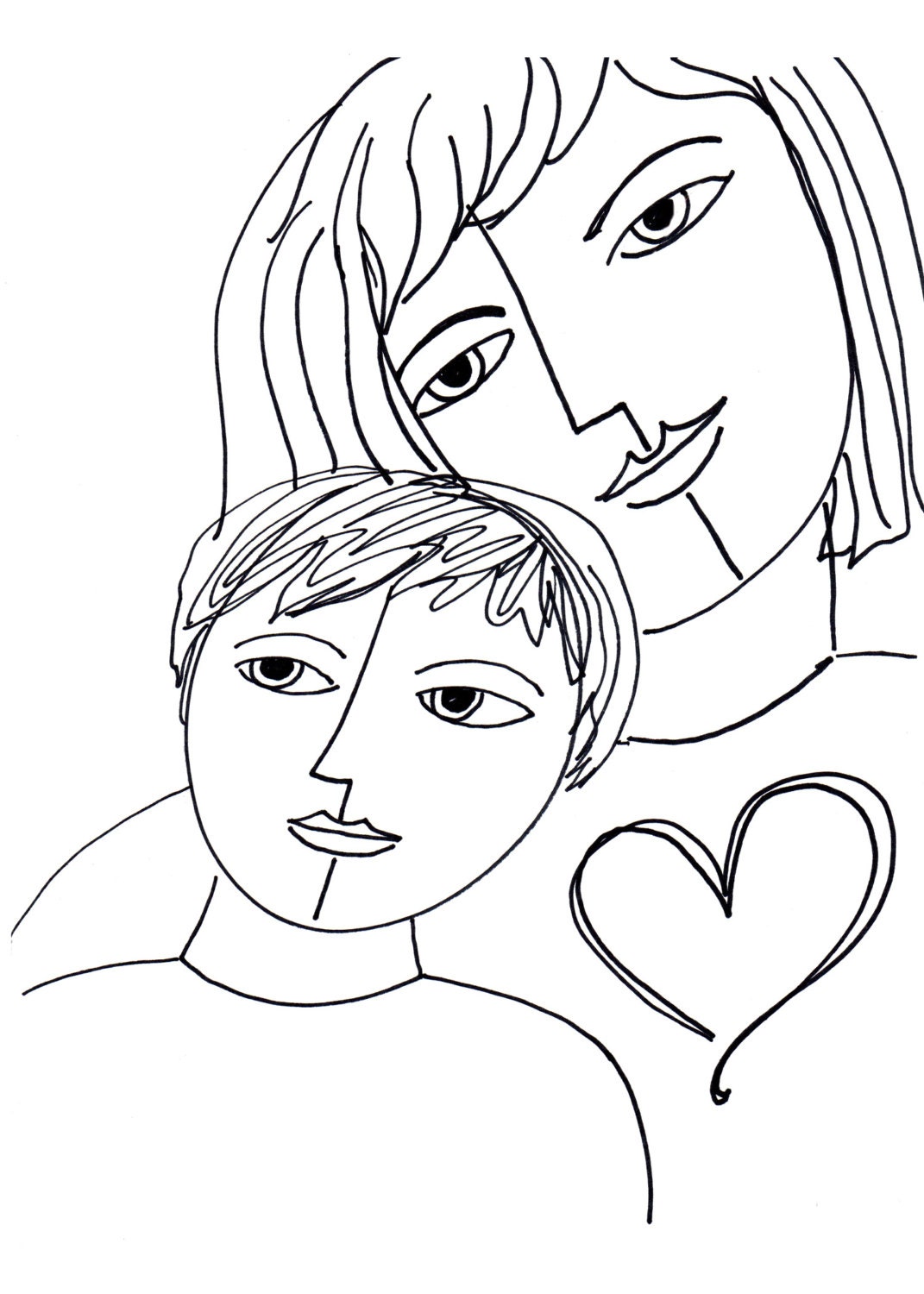 A Mother's Love ART PRINT line drawing print, Gift for Mother Son, Family Drawing, Child Art, Mother Art, Family Portrait, Mothers Day Gift