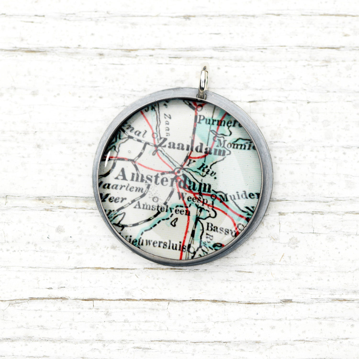 Amsterdam Netherlands - Vintage Map Pendant in Handmade Sterling Setting