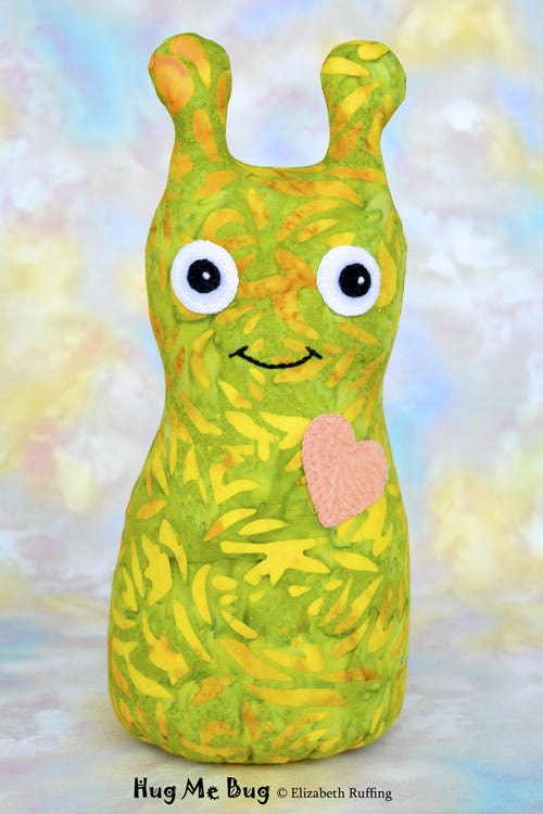 Handmade Bug, Stuffed Animal Cloth Doll Art Toy, Hug Me Bug, Personalized Tag, Yellow, Green, Gold Batik, Soft Coral, 9 inch, Ready-made