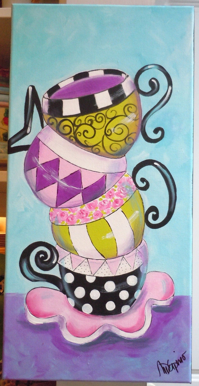 Tea cups Coffee cups painting whimsical colorful stylized kitchen art fun 10 x 20 canvas original painting
