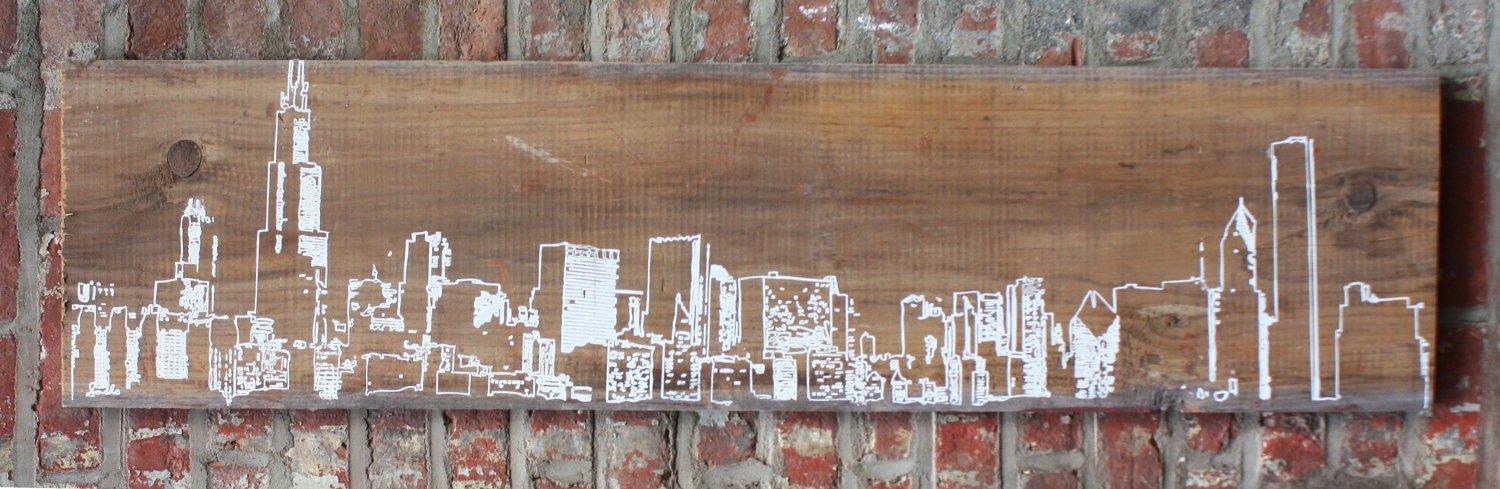 Chicago Skyline Wall Hanging on Reclaimed Barn Wood - 12"x45"
