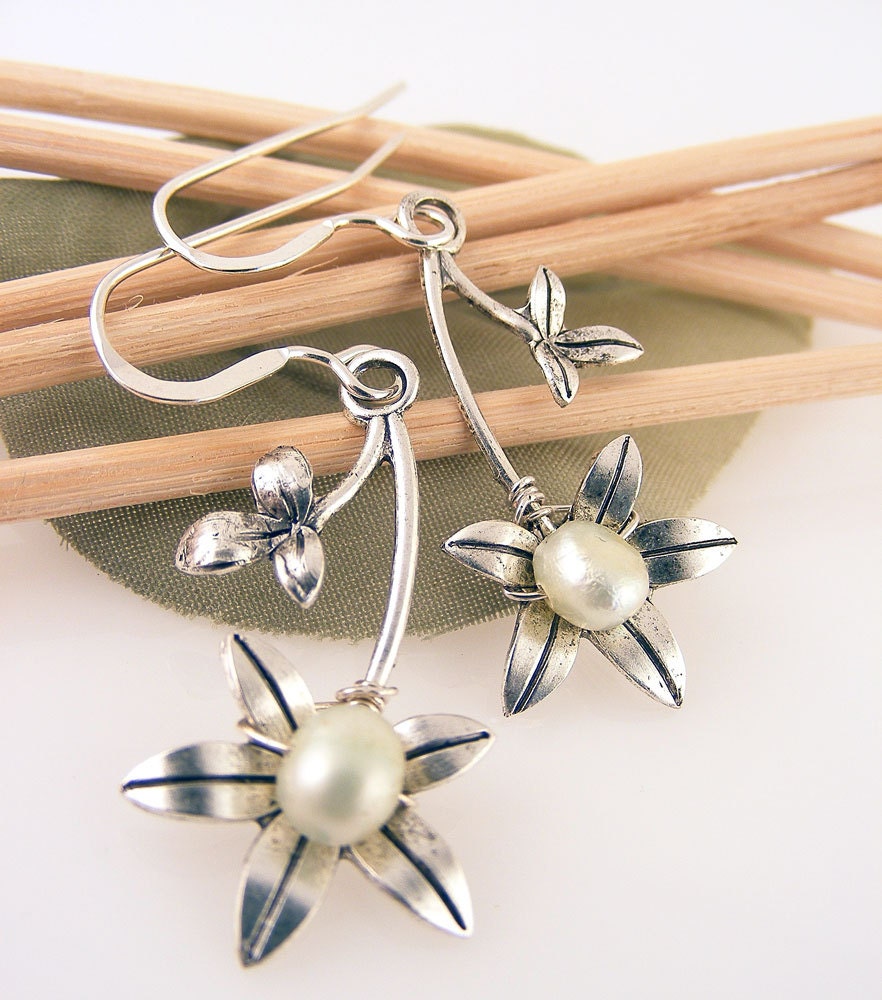 Metal Flower Earrings with Light Green Fresh Water Pearls