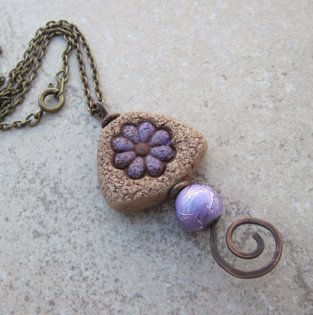 Hammered Copper Wire Pendant. Handmade Polymer Clay and Purple Glass Bead