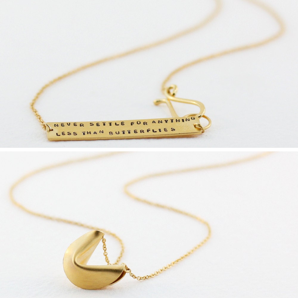 never settle for anything less than butterflies - 18" 18k gold vermeil fortune cookie necklace with fortune message at clasp