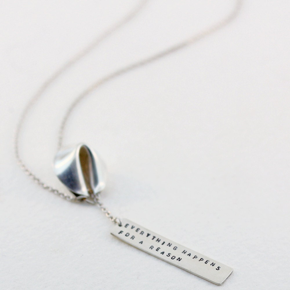 everything happens for a reason - sterling silver fortune cookie lariat with fortune message in front