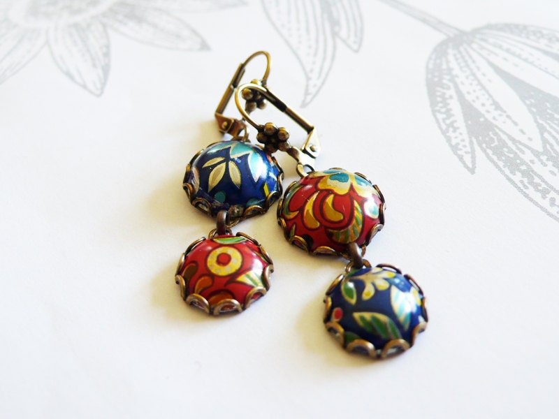 red and blue flowers - vintage tin and brass earrings