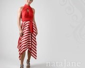 Coda wrap dress with Red/White shiny striped kerchief skirt