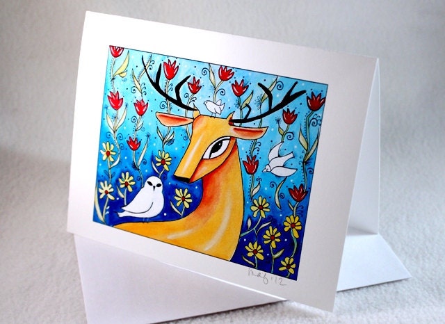 Blank Note Card, Deer Art Notecard, Woodland Blank Greeting Card, All Occasion Card, Original Storybook Art Print Blue Orange
