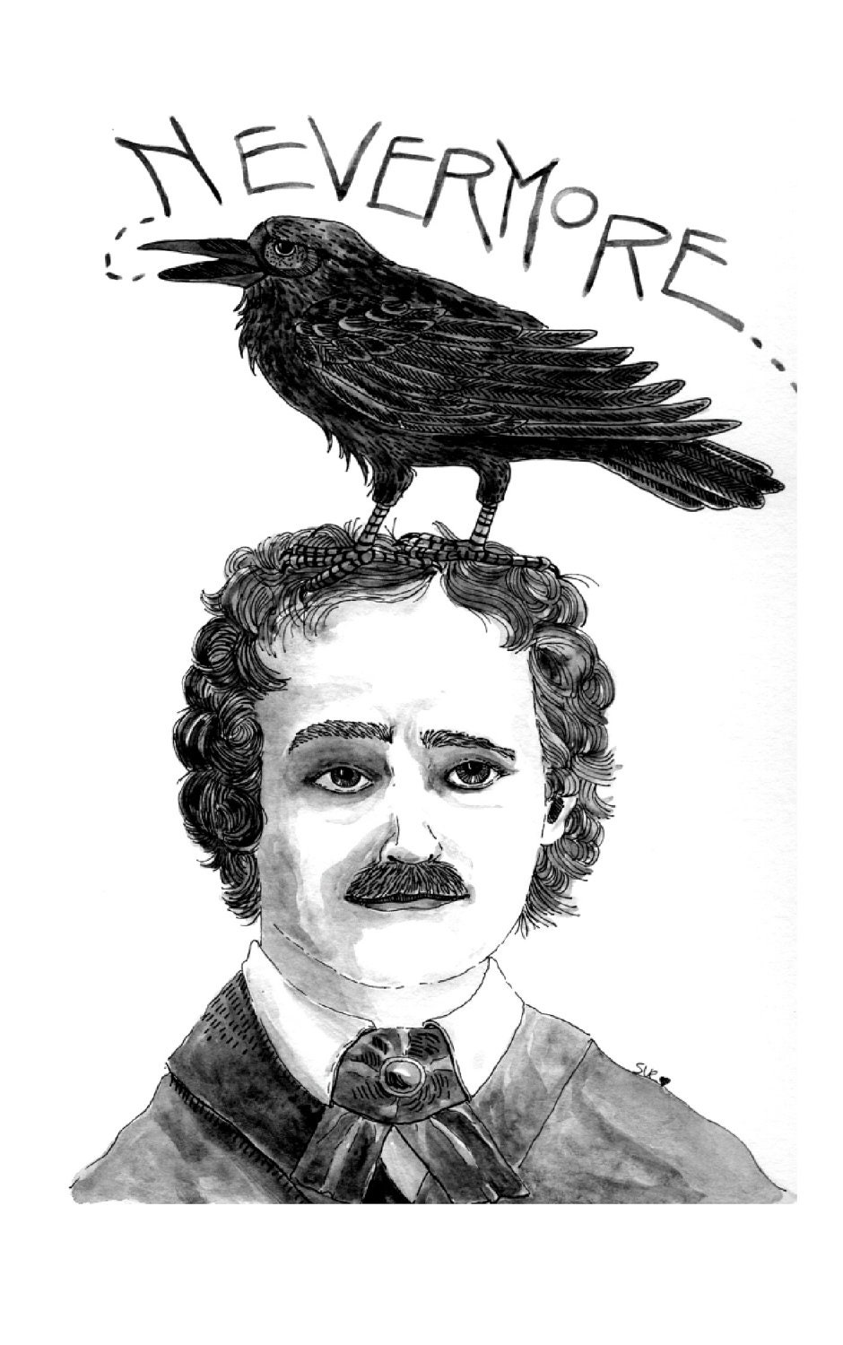 Archival Quality Original Art Print of Edgar Allen Poe with Raven, Crow, Blackbird