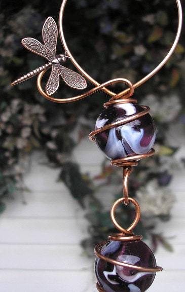 Dragonfly - Bubble Cascade - Copper and Glass Suncatcher Window Garden Art Sculpture Violet Swirl
