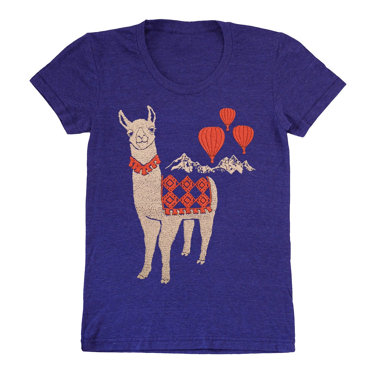 Llama - Womens T-shirt Girls Tee Shirt Adorable Cute Folk Nature Retro Mountain Llamas Alpaca Animal Hot Air Balloon Indigo Blue Tshirt
