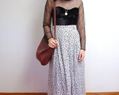 vintage 1990s / black and white / goth / liberty print / floral / high waist / maxi skirt / S-M
