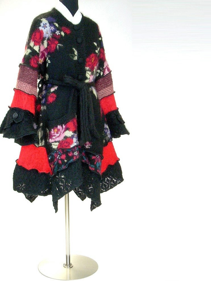 Sweater Coat, Black with Red Rose Pattern, Petunia Patchwork Mohair Sweater Coat, Size Large (12-14)
