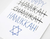 Hannukah Card. Happy Hanukkah Card. Blue and Black on White. Blank Folded Card. - JulieAnnArt