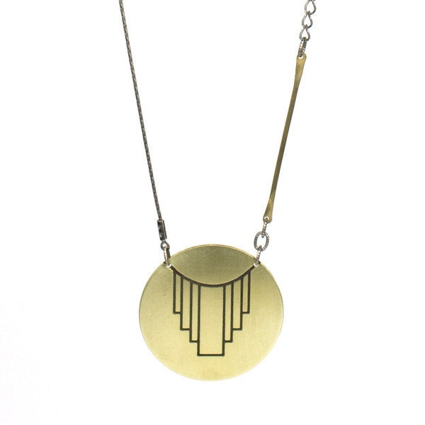 Gold etched pendant necklace - mixed metal - simple - deco