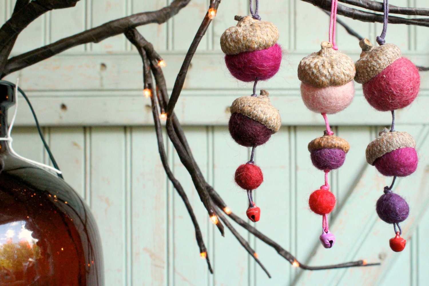 Set of 3 Acorn Ornaments - Sugar Plum Holiday Home Decor in Red Plum Pink Felt - Hostess Gift Wrap - Christmas Tree Decoration