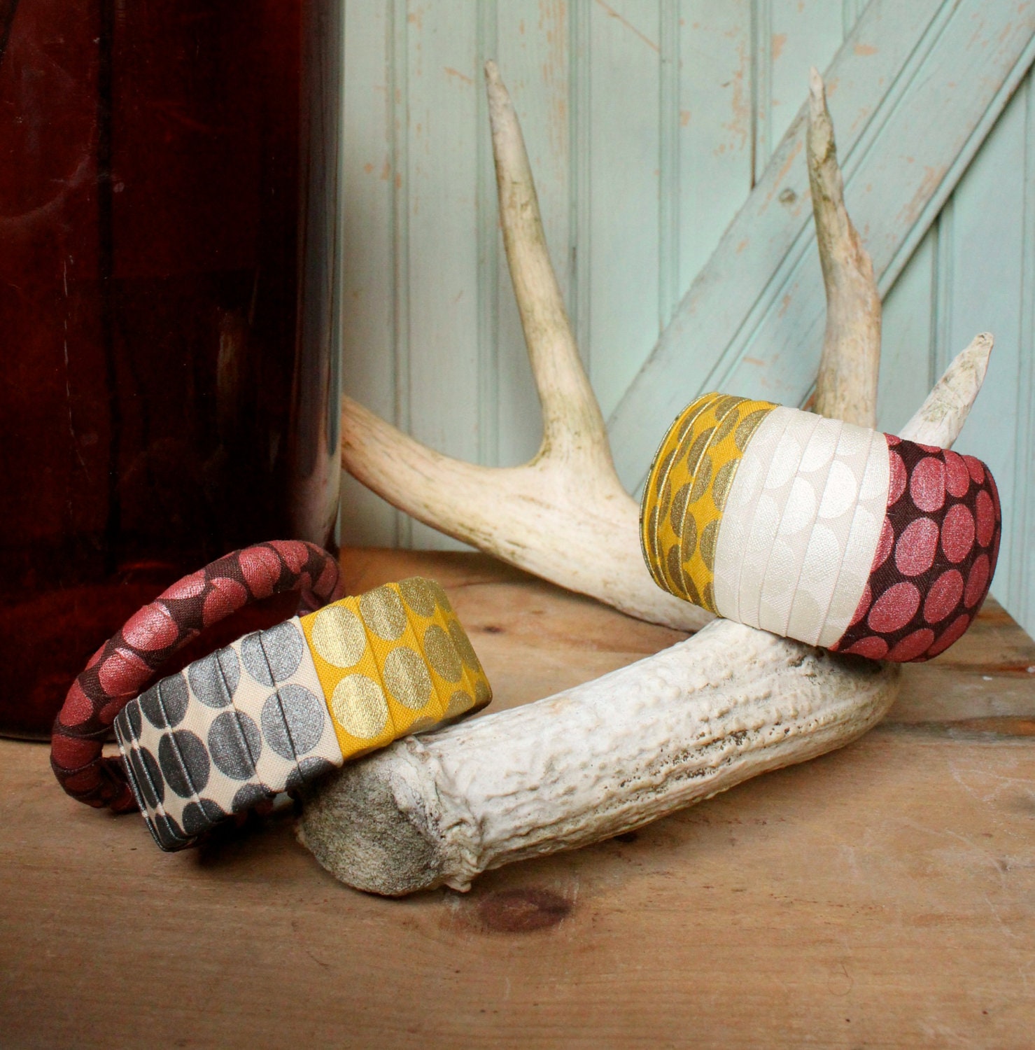 Wide Stripe Bangle Bracelet - Summer Fashion Accessory - Cranberry Gold Moss Pearl - Bold Statement Piece