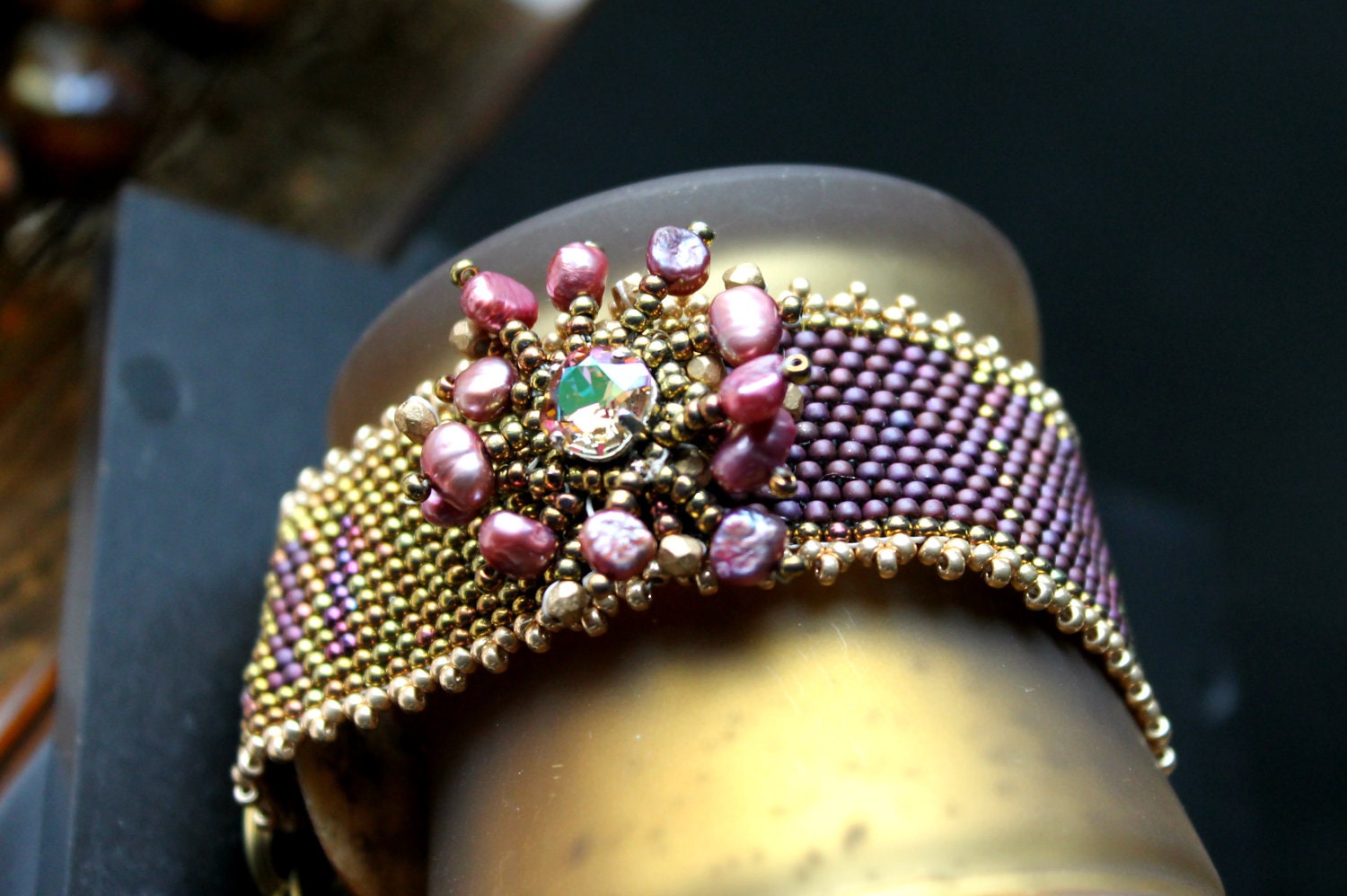 Stunning supple ornate beaded bracelet with sparkly peach pink gold swarowski ,raspberry purple agate and freshwater berry pearls - Corsage