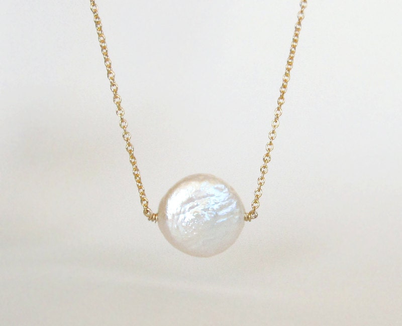 Dainty Freshwater Coin Pearl Necklace On Gold Or Silver Chain / Single Pearl Necklace/ Simple Dainty Gold Necklace
