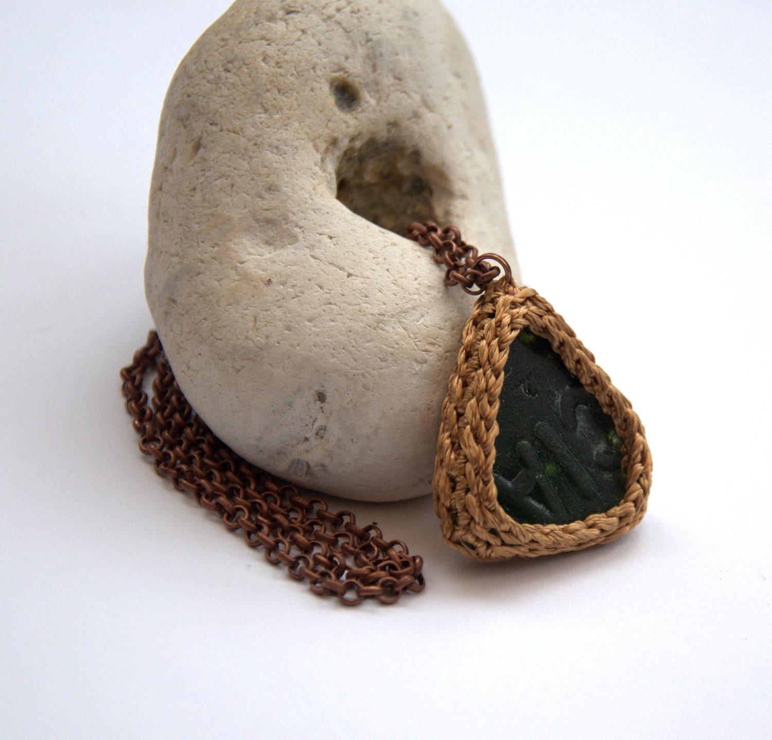 Green sea glass necklace letters CIA boho seaglass jewelry day triangle copper chain pendant beach Weddings Birthday gift OOAK