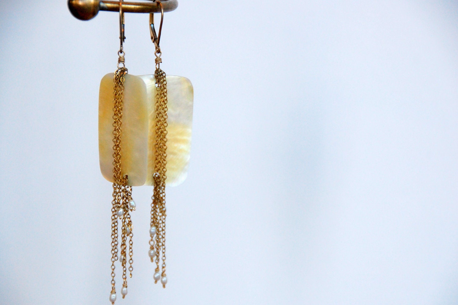 Mother of Pearl Shell & Chain Earrings - 14k Gold Filled - One of a Kind