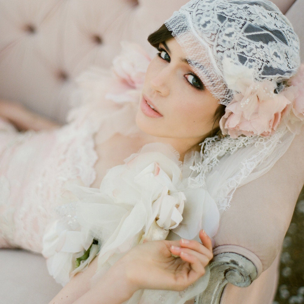 Pastel Blush Juliet Bridal Cap Chantilly Lace Silk Veil 740