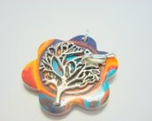 Rainbow Flower and Perched Bird Handmade Polymer Clay Pendant