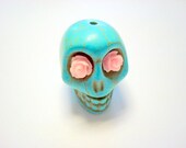 Gigantic Turquoise Howlite Skull Bead or Pendant  with Pale Pink Roses in Eyes