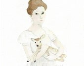 Art print of Watercolor Painting, Woman holding Fawn, animal painting, Baby Deer, Romantic Country 8x10