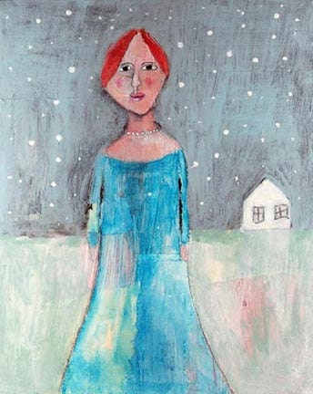 8x10 Matte Print - Wandering, Blue Nightgown, Woman, Snow Storm, red hair, white house