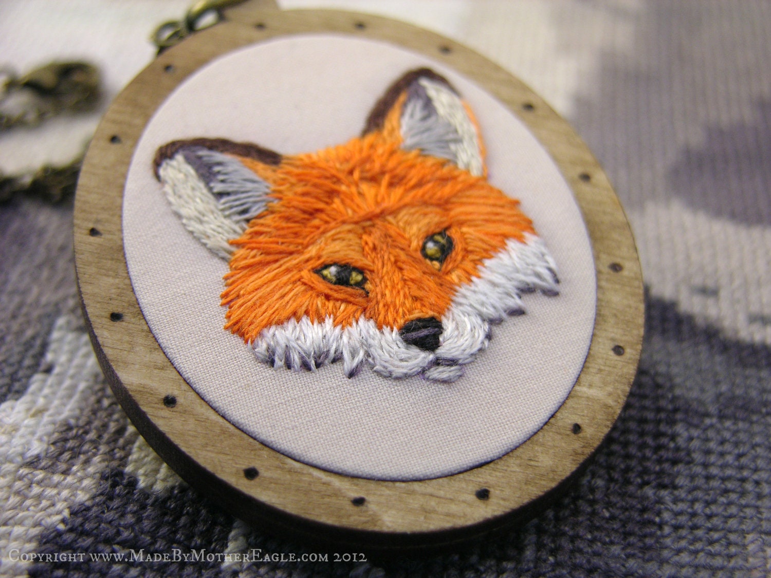 The Midwinter Fox Pendant - Miniature Hand-Embroidery and Birch Wood...MADE TO ORDER