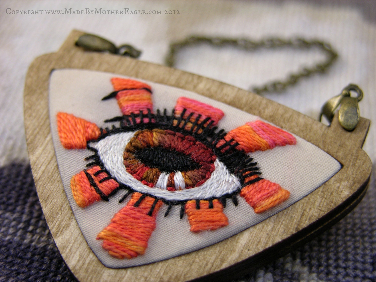 The Midwinter Evil Eye Pendant - Miniature Embroidery and Birch Wood