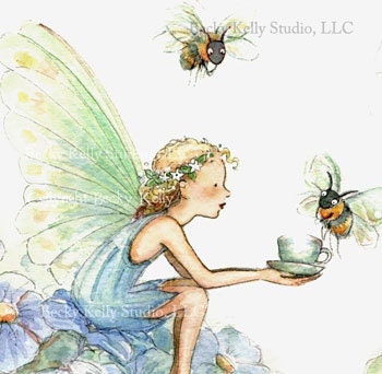 Bumble Bee Tea, Fairy Art Print, 8 X 10  fairy in periwinkle blue plox- with hand painting, art
