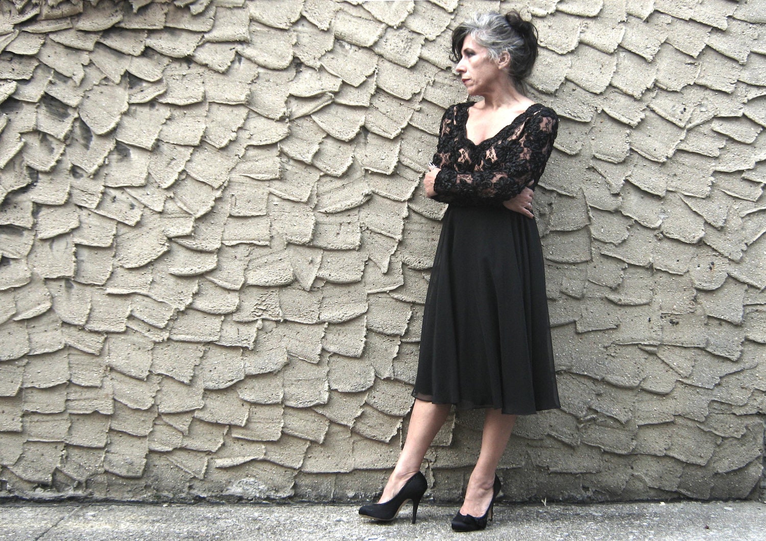 1960's Party Dress Black Silk & Lace Illusion Bust Vintage Swing Small to Medium size