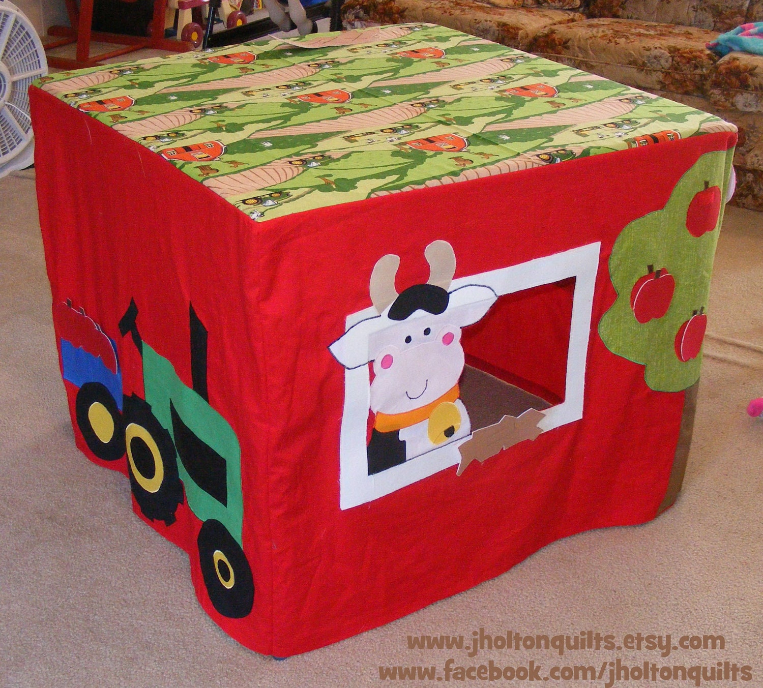 Pretend Farm Playhouse fits over card table with tractor, cows and horse--Cute Barn includes removable apples, hay, chicken and eggs