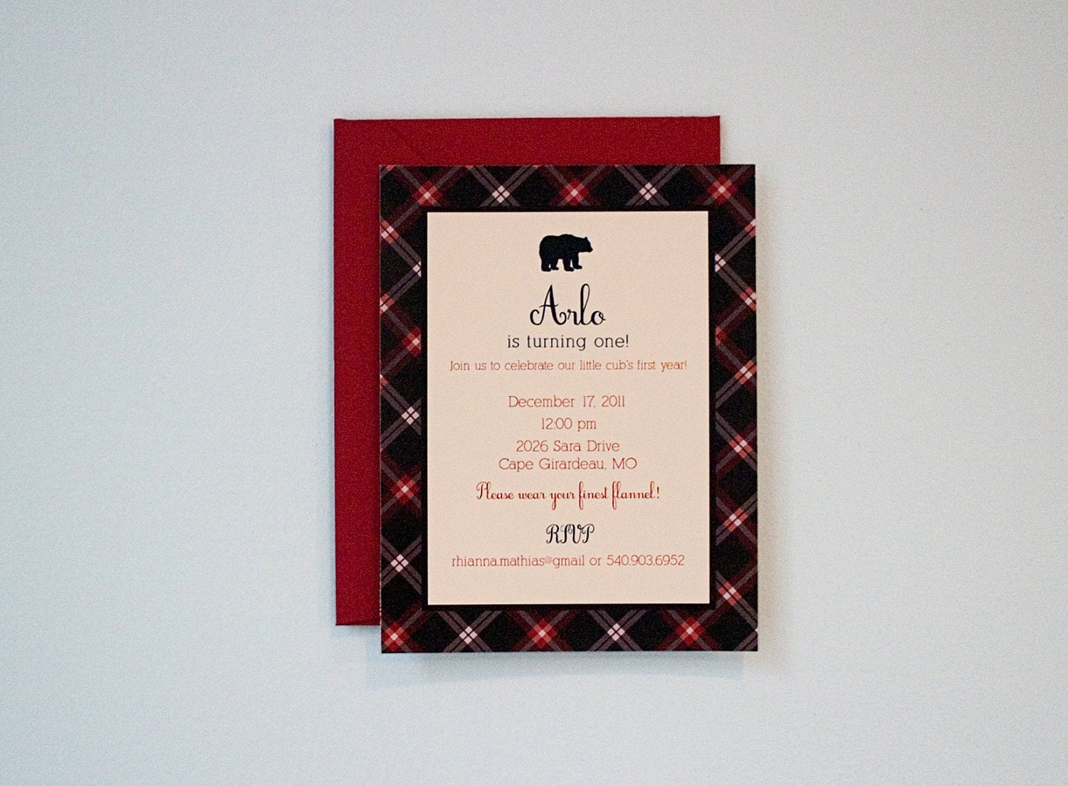 Black Bear and Plaid Birthday Party Invitation