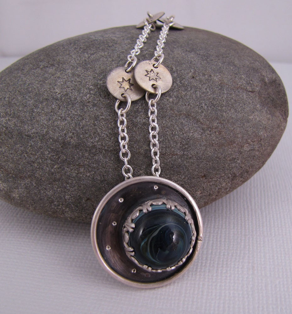 Lampwork Sterling Silver Pendant Necklace. Metalwork Jewelry. Nebula Stars Necklace. Navy Emerald Green Swirl